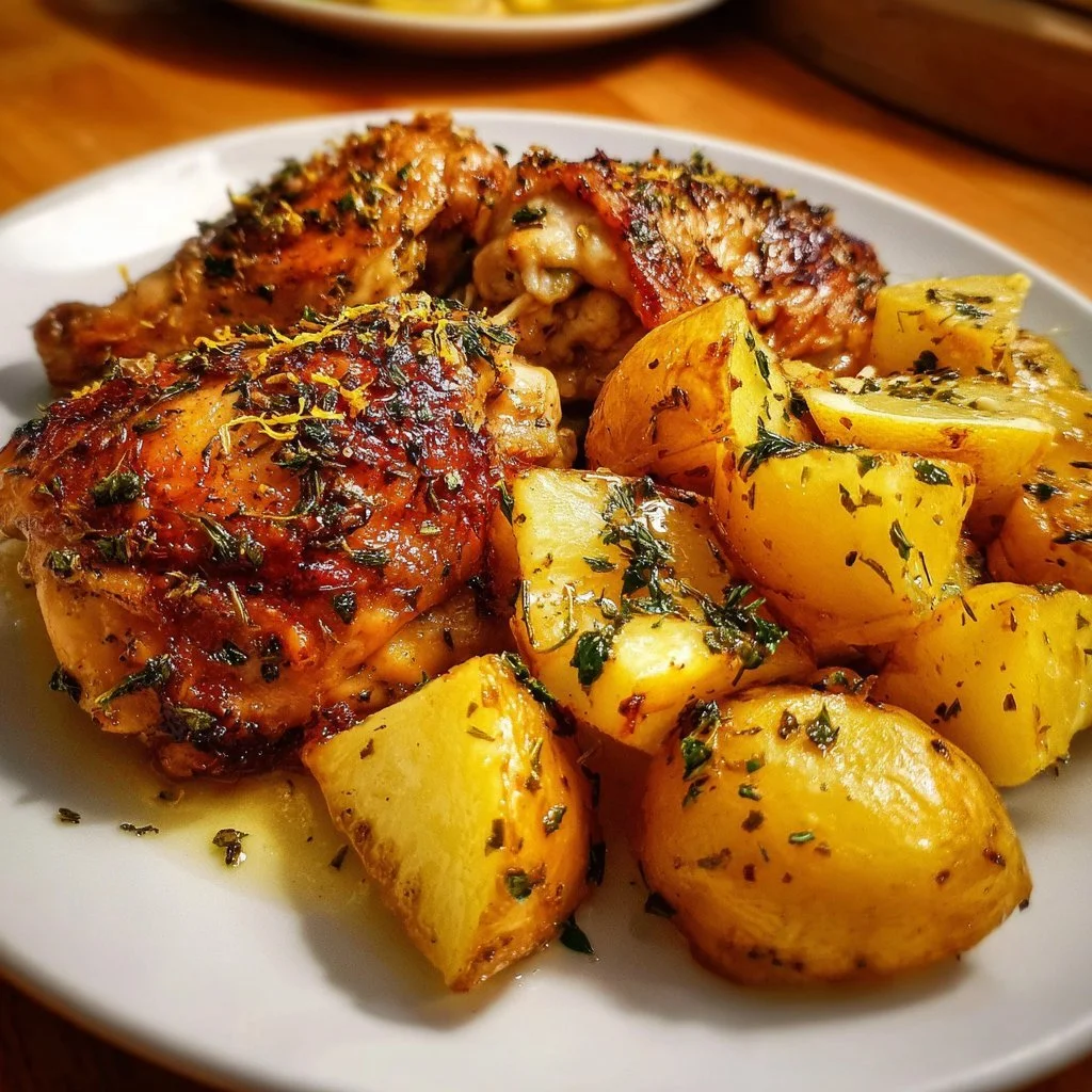 Delicious Greek Lemon Chicken served with roasted potatoes