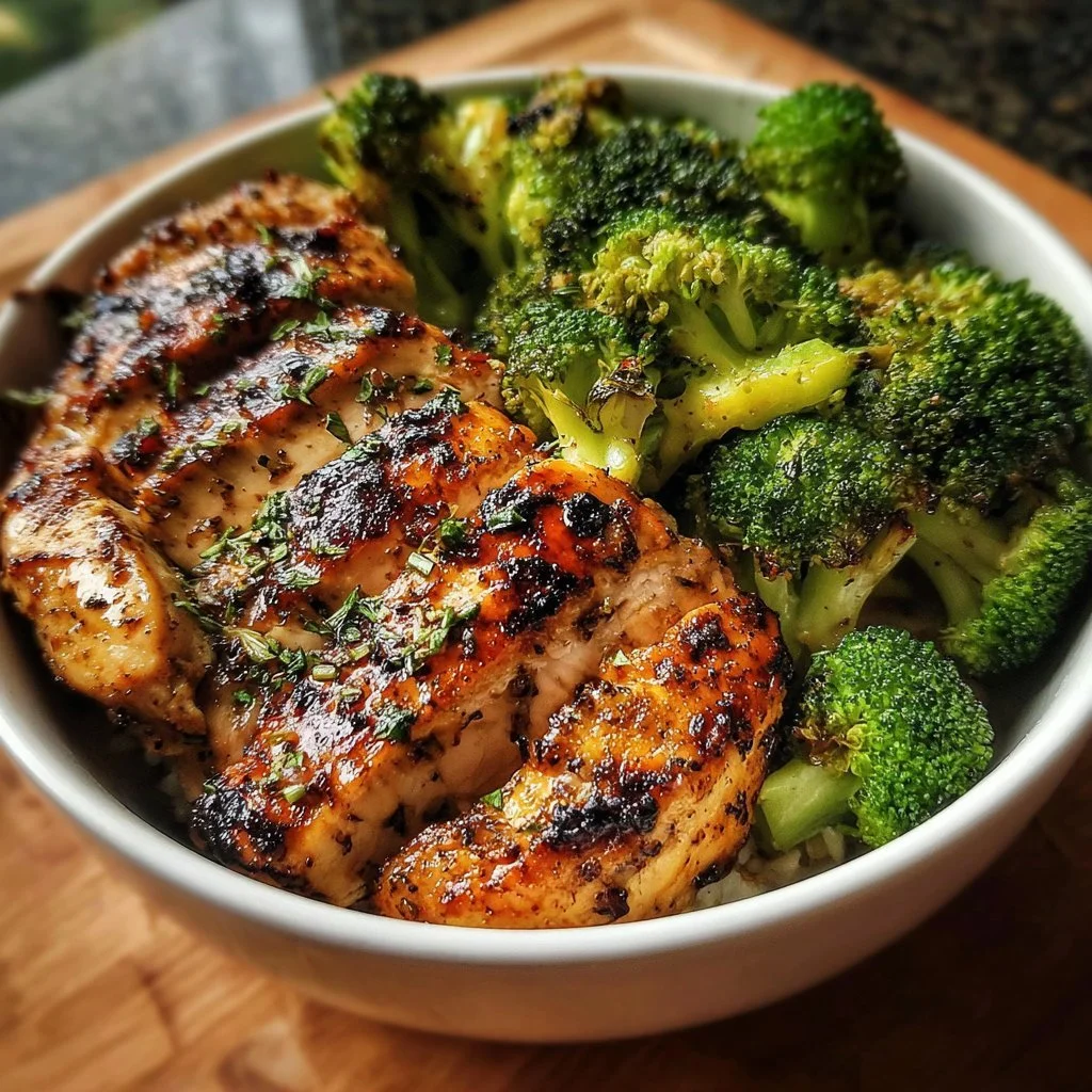 Healthy grilled chicken and broccoli bowls with vibrant vegetables