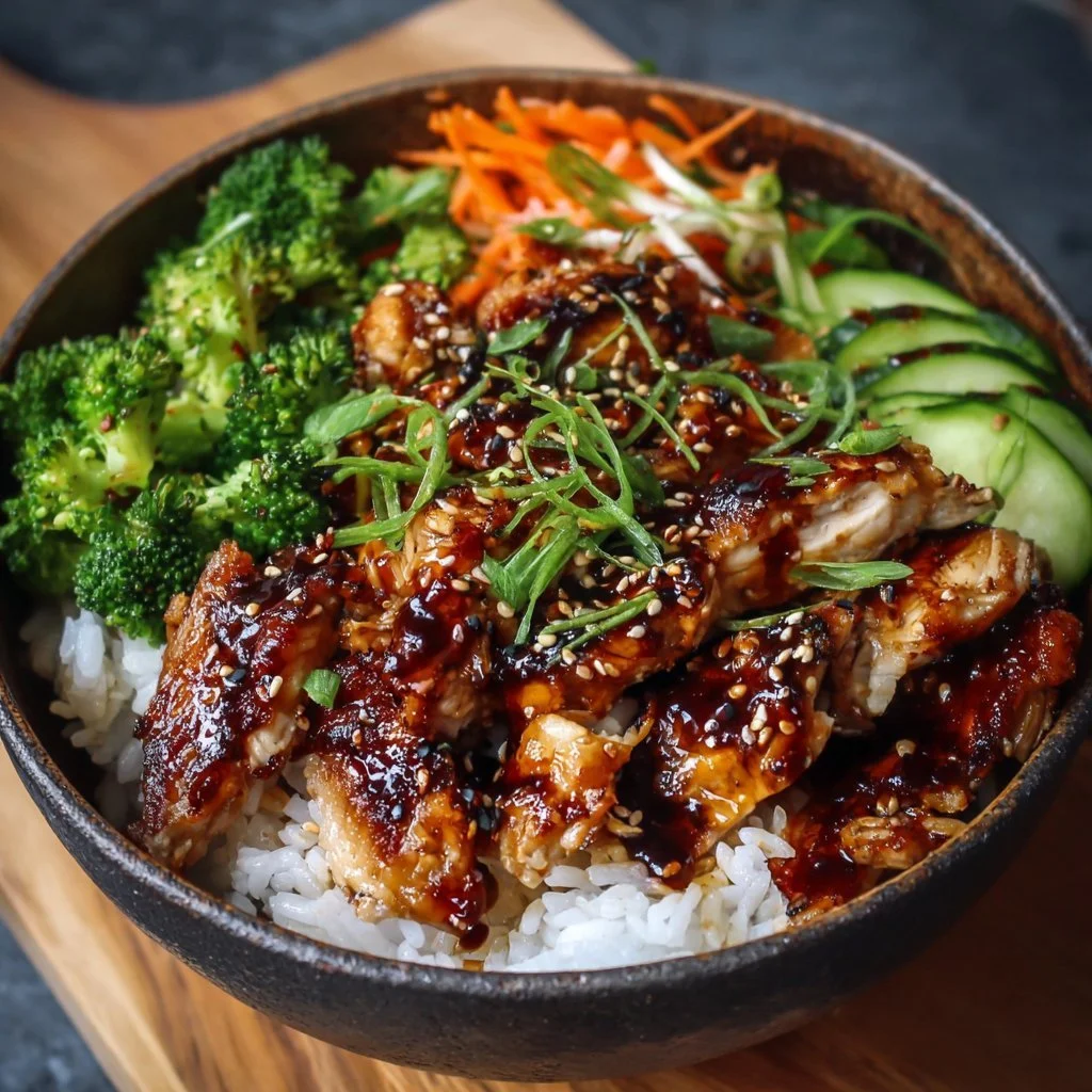 Healthy sticky chicken bowl with vegetables and rice in a colorful dish