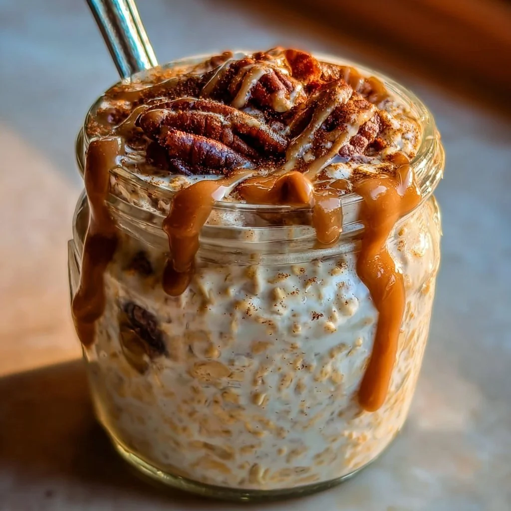 Bowl of high-protein cinnamon roll overnight oats topped with cinnamon and nuts.