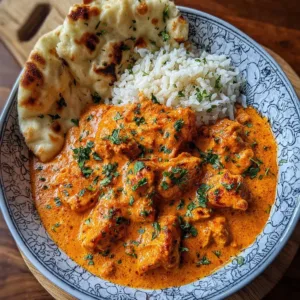 A delicious plate of homemade butter chicken served with rice and naan bread.