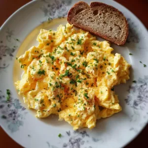 Plate of delicious homemade cottage cheese scrambled eggs with fresh herbs