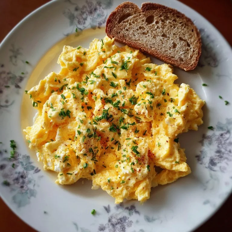 Plate of delicious homemade cottage cheese scrambled eggs with fresh herbs