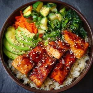 Honey Glazed Salmon Bowl: Quick, Healthy & Delicious Dinner 3 Honey glazed salmon bowl with fresh vegetables and rice for a healthy dinner