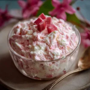 A bowl of creamy, pink Rhubarb Fluff dessert garnished with fresh rhubarb slices.