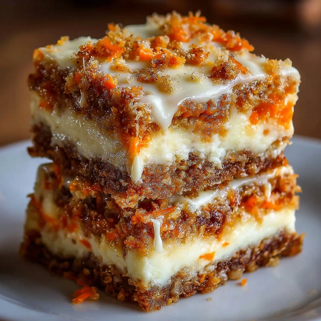 Irresistibly indulgent carrot cake cream cheese bars garnished with walnuts.