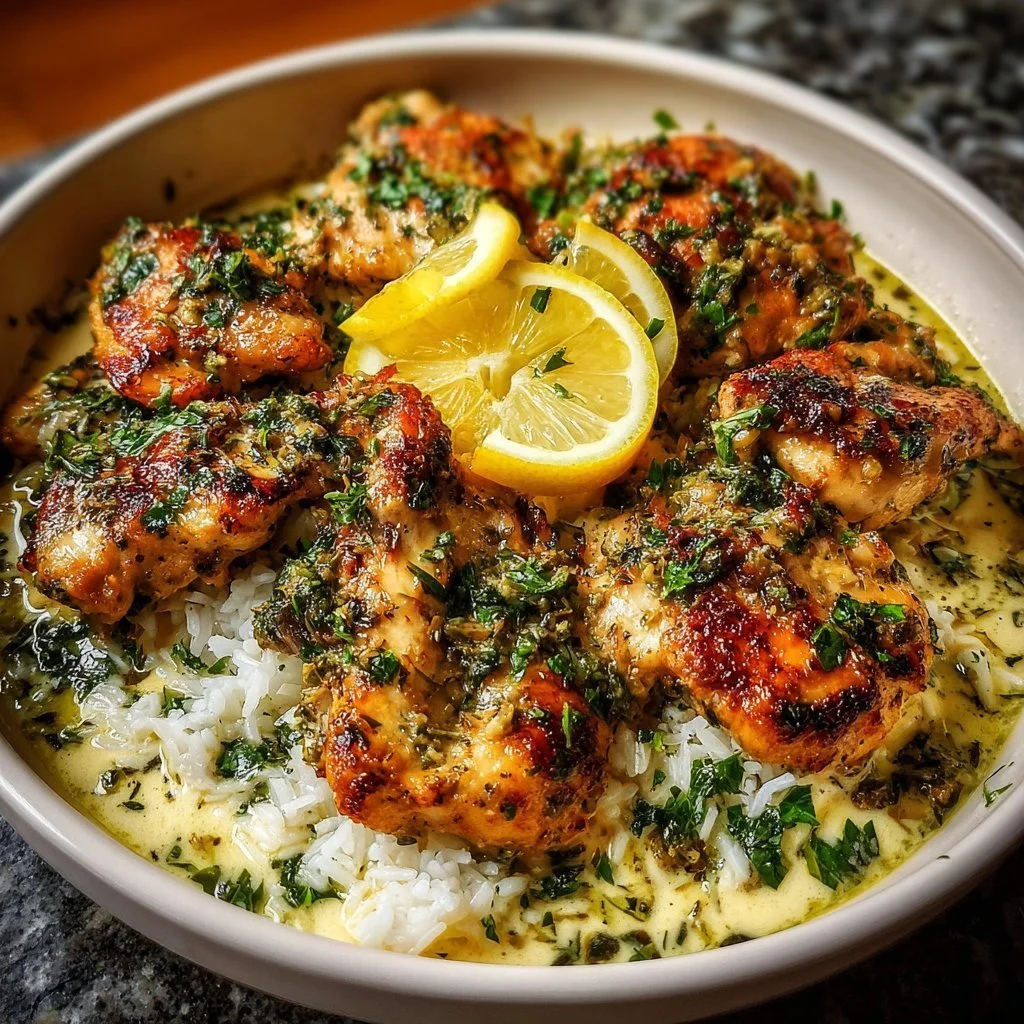 Delicious Lebanese Lemon Garlic Chicken garnished with herbs and served with sides