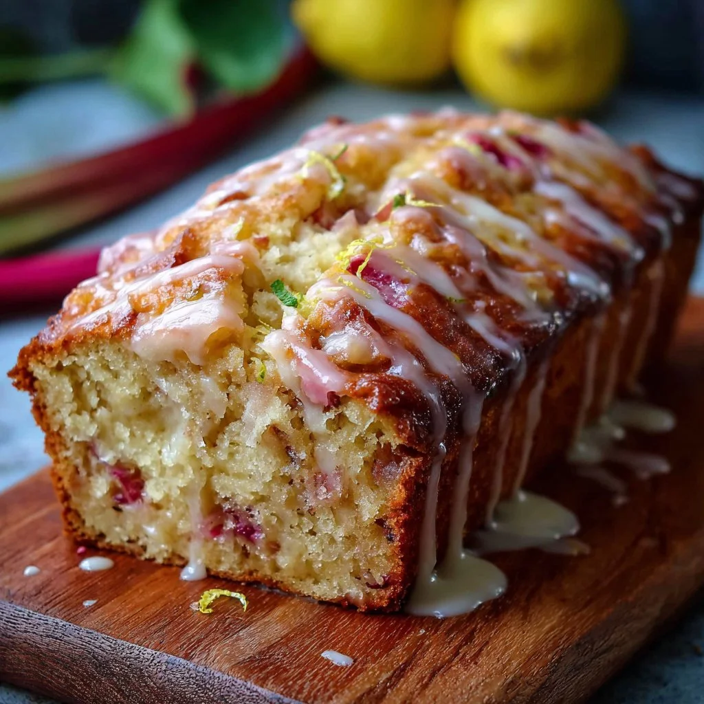 Lemon Rhubarb Loaf with Glaze, showcasing its moist texture and vibrant colors