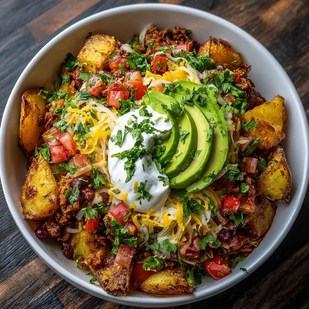 Delicious loaded potato taco bowl with toppings