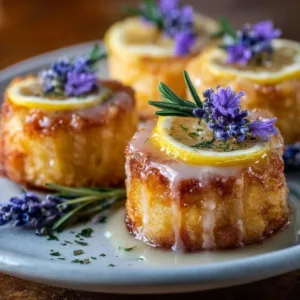 Mini lemon cakes with lavender glaze on a decorative plate
