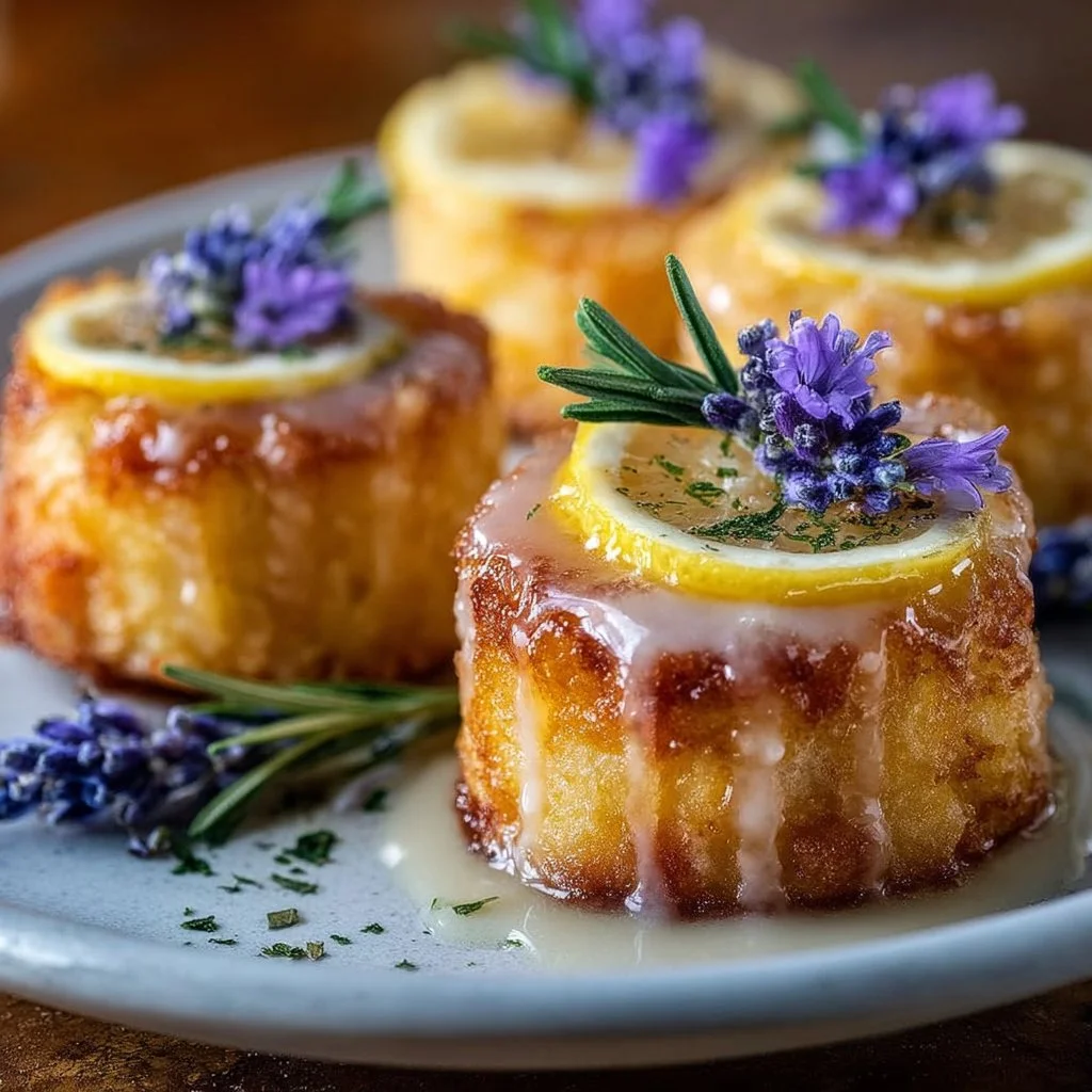 Mini lemon cakes with lavender glaze on a decorative plate