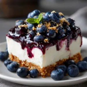 Delicious no-bake blueberry delight dessert served in a bowl