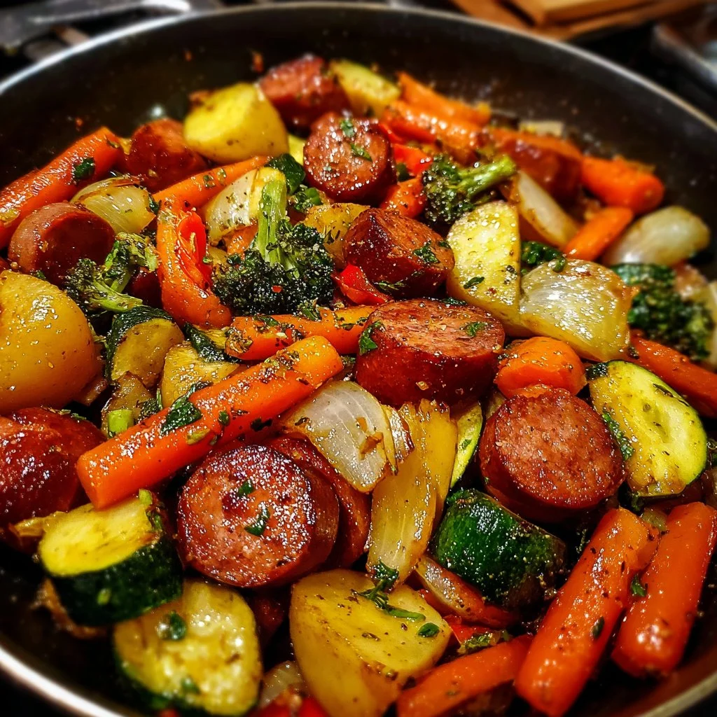 One-Pan Honey Garlic Kielbasa & Veggies: Easy Family Delight 1 One-Pan Honey Garlic Kielbasa with colorful veggies in a skillet