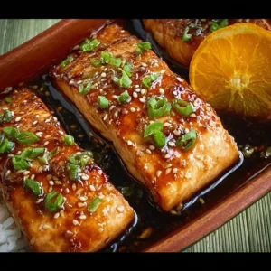 Deliciously glazed Orange Teriyaki Salmon fillet garnished with citrus slices.