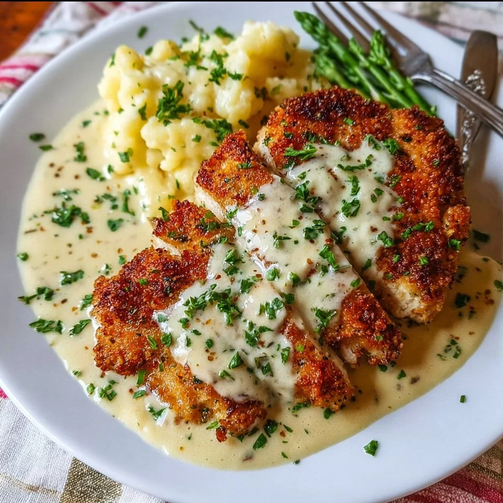 Parmesan Crusted Chicken served with creamy garlic sauce on a dinner plate.