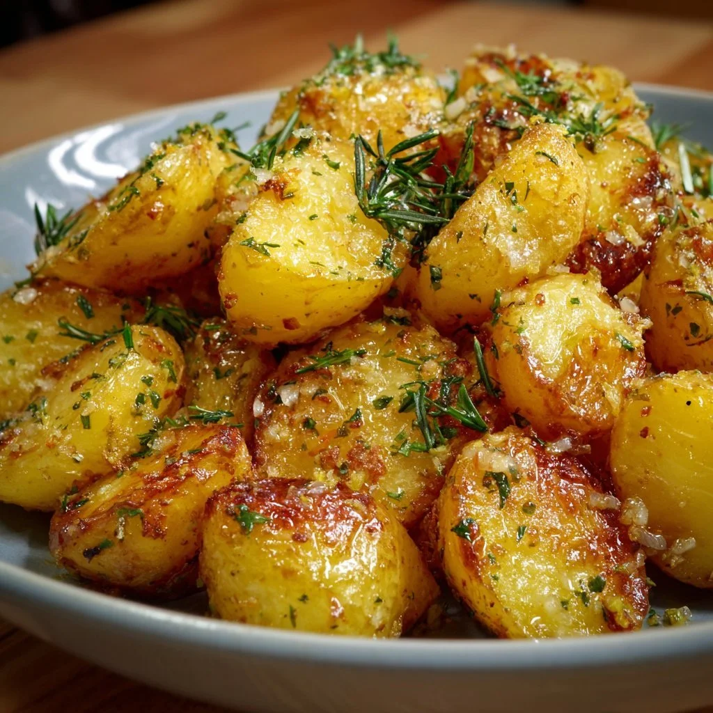 Deliciously roasted Greek Lemon Potatoes served in a bowl with herbs