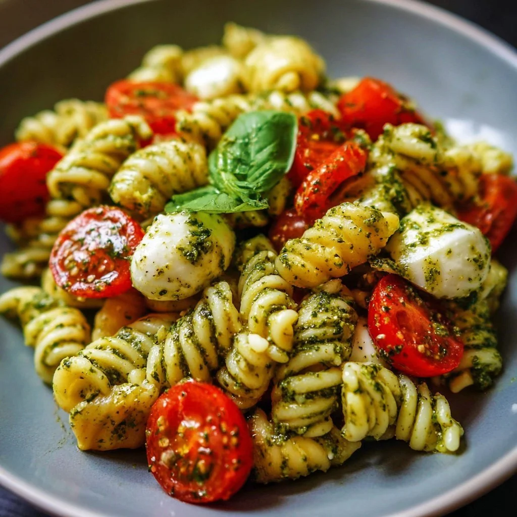 Pesto Caprese Pasta Salad with fresh mozzarella, cherry tomatoes, and basil