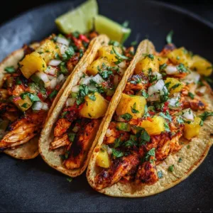 Delicious Pineapple Chicken Tacos served with fresh toppings