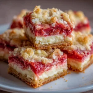 Delicious rhubarb bars topped with cream cheese frosting