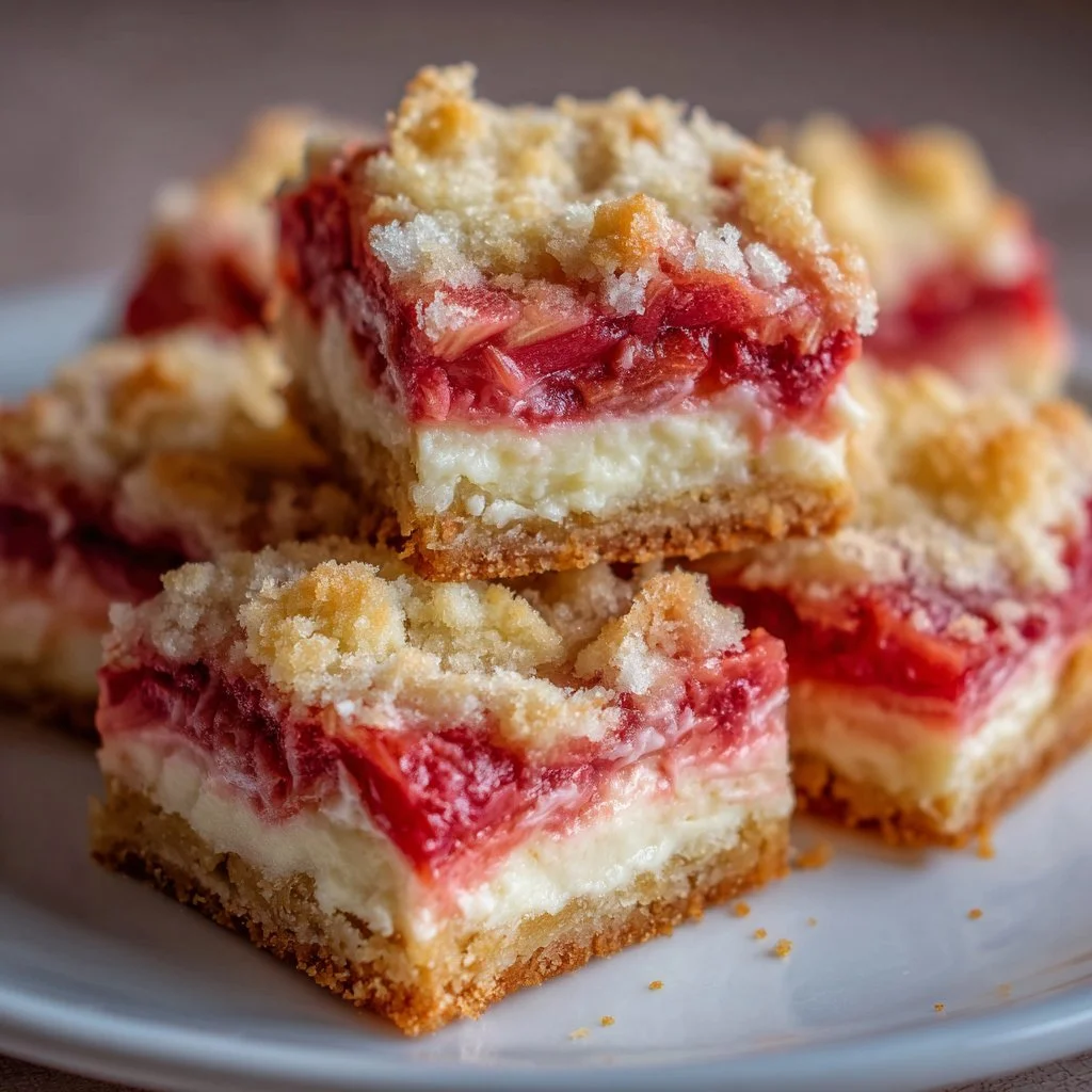 Delicious rhubarb bars topped with cream cheese frosting
