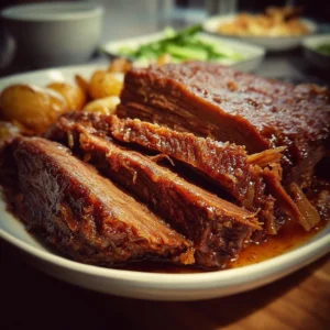 Delicious slow cooked beef brisket served with sides