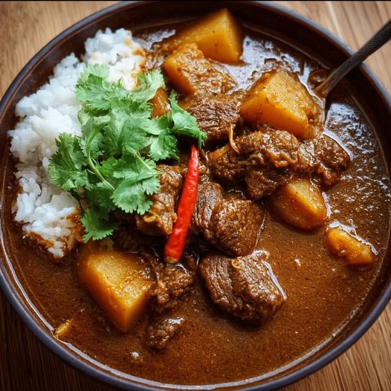 Delicious slow cooker beef massaman curry in a bowl with fresh herbs.