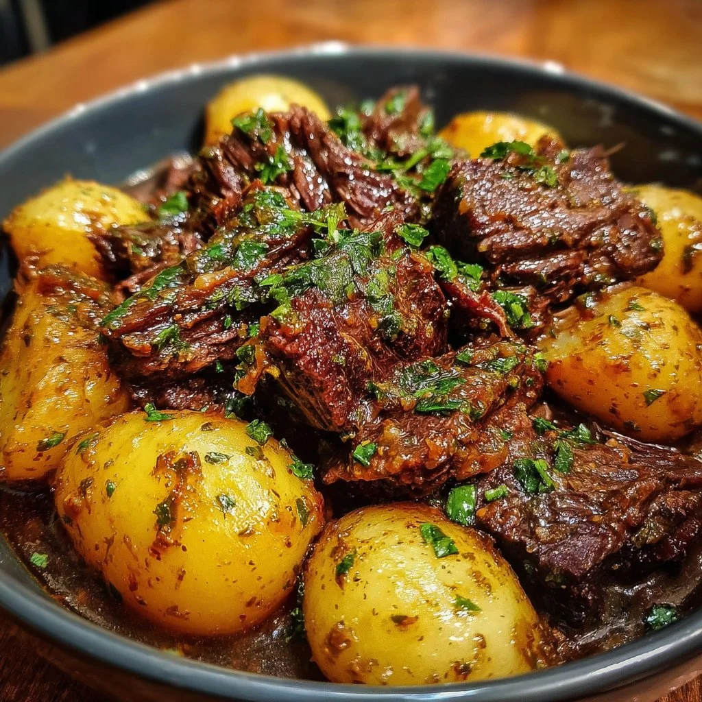 Slow Cooker Garlic Butter Beef with Potatoes in a rustic bowl