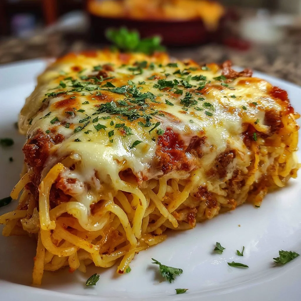 Delicious Spaghetti Pie served on a plate with fresh herbs.