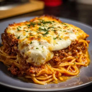 Spaghetti Pie with Ricotta, Meat Sauce, and Mozzarella 3 Spaghetti pie topped with ricotta, meat sauce, and mozzarella cheese