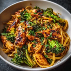 Spicy Garlic Chicken Broccoli Noodle Bowls with fresh vegetables and spices