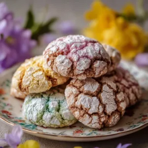 Colorful springtime crinkle cookies with powdered sugar topping on a plate.