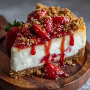 Delicious strawberry crunch cheesecake topped with fresh strawberries and crunchy topping