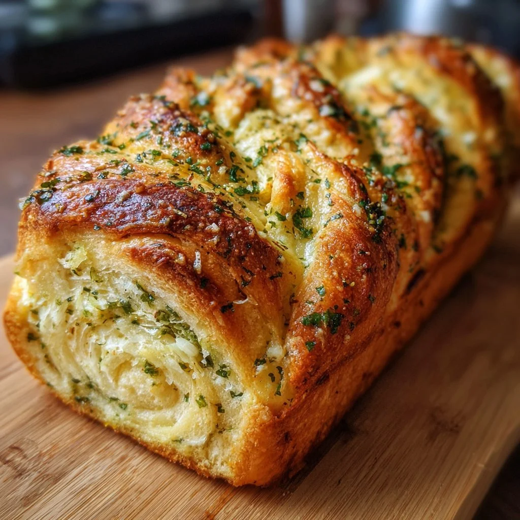 Swirled garlic herb and cheese bread loaf fresh out of the oven