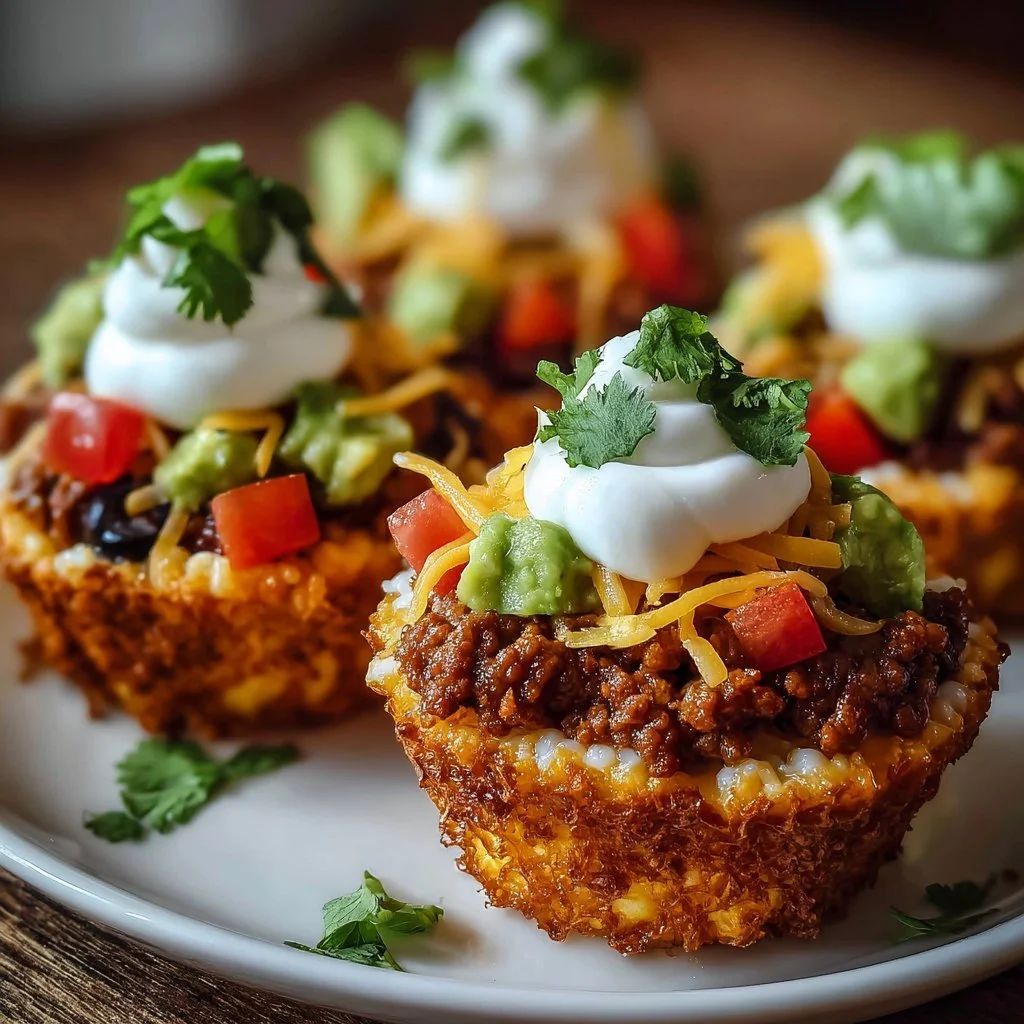 Taco Cupcakes topped with flavorful ingredients and served on a platter.