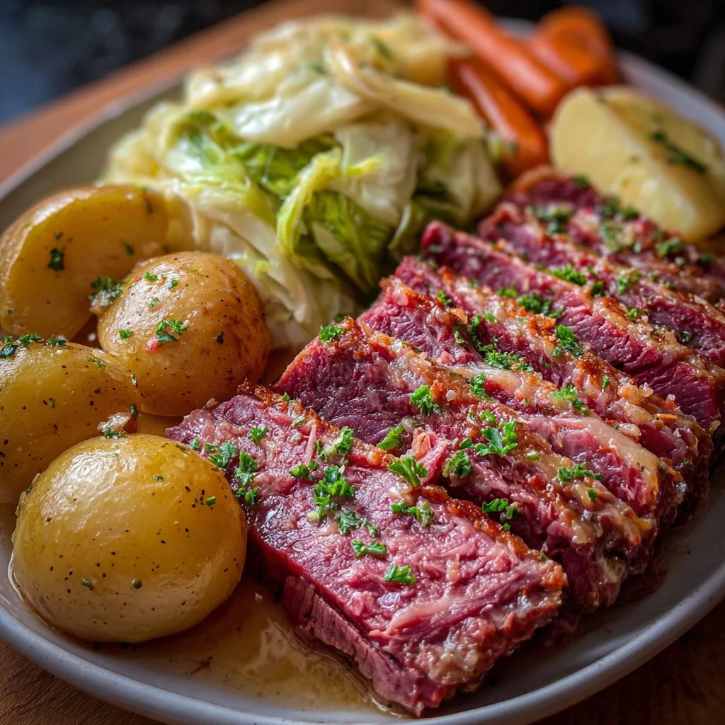 Tender Instant Pot corned beef served with cabbage and potatoes