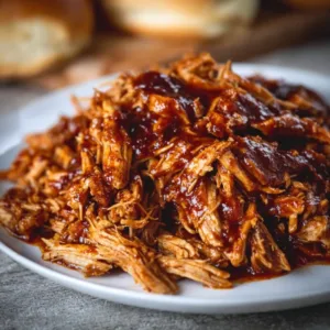 The Best Crockpot BBQ Pulled Chicken: Easy Slow Cooker Recipe 3 Delicious Crockpot BBQ Pulled Chicken served in a bowl with sauce.