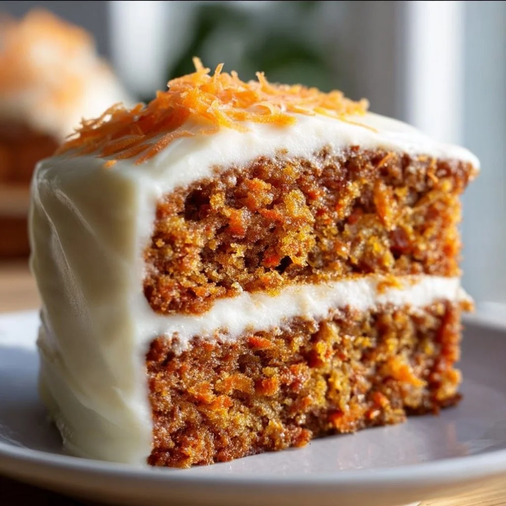 A slice of moist classic carrot cake with cream cheese frosting on a plate.