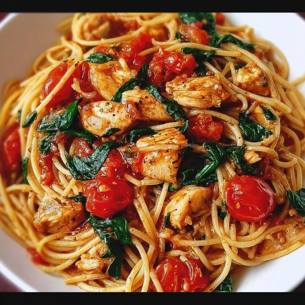 Plate of Tomato Spinach Chicken Spaghetti garnished with fresh herbs
