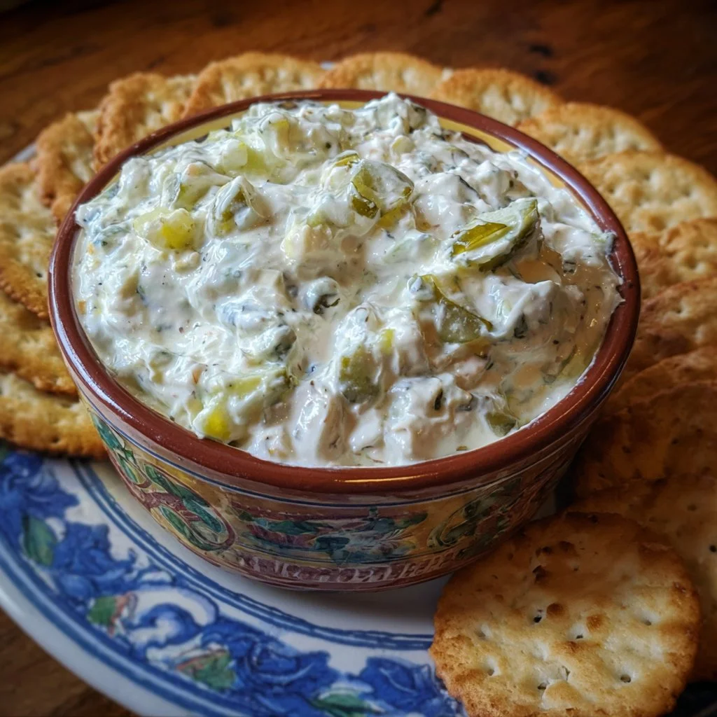 Viral Grillo's pickle dip served in a bowl with fresh vegetables and chips