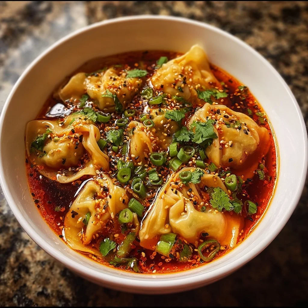 Wontons served in a spicy gochujang broth with garnishes