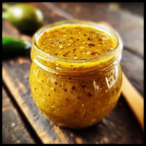 Zesty jalapeno honey mustard sauce in a jar with mustard seeds and jalapenos.