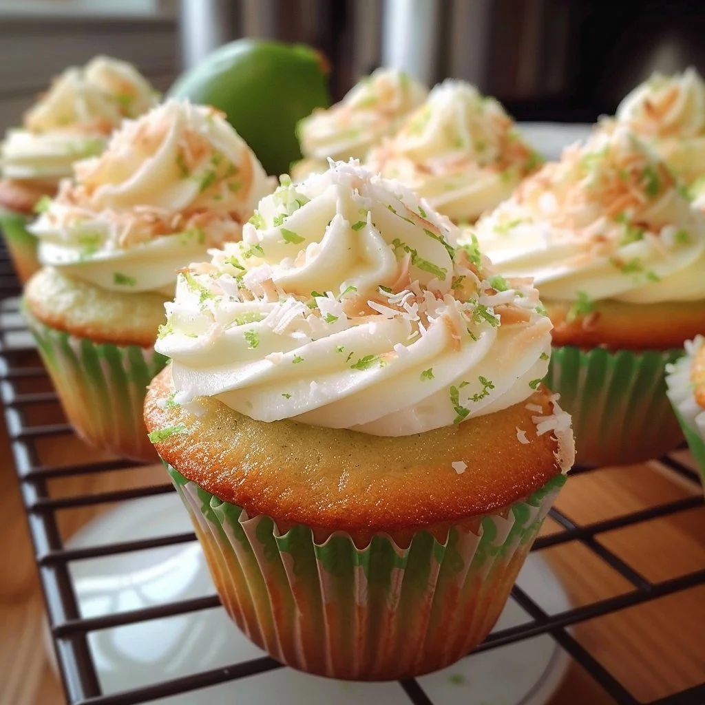 Delicious coconut lime cupcakes with frosting and lime garnish on a plate