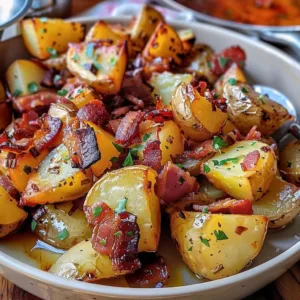 Honey Bacon Roasted Potatoes 3 Delicious Honey Bacon Roasted Potatoes garnished for a savory side dish.