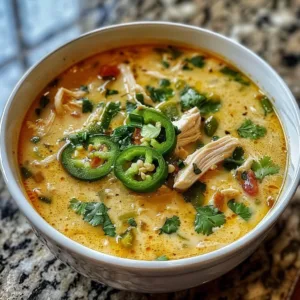 A bowl of juicy spicy jalapeño popper chicken soup topped with cheese and jalapeños.