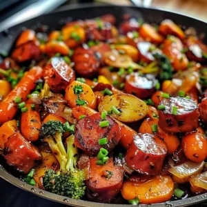 One-Pan Honey Garlic Kielbasa with colorful veggies in a skillet.