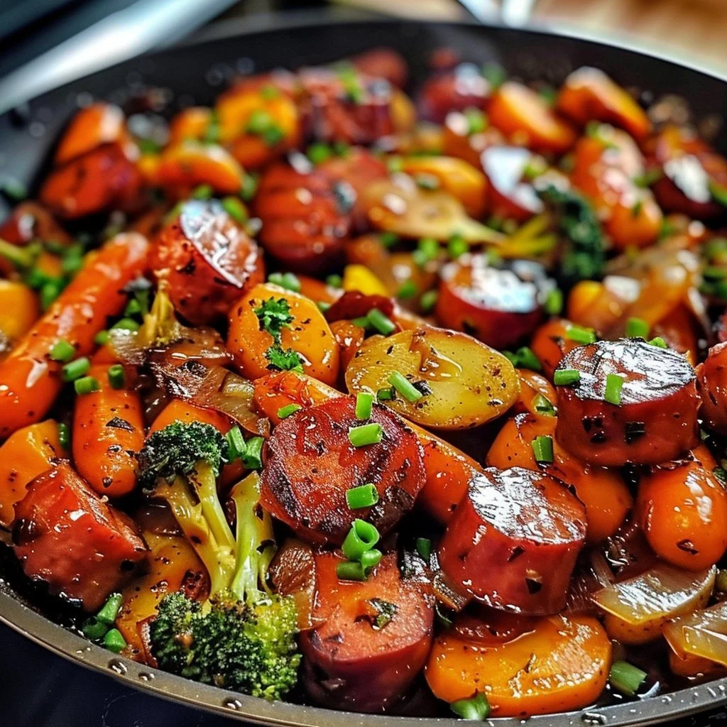 One-Pan Honey Garlic Kielbasa with colorful veggies in a skillet.