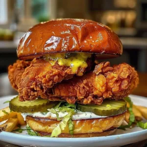 Delicious pickle brined fried chicken sandwich with crispy chicken and pickles