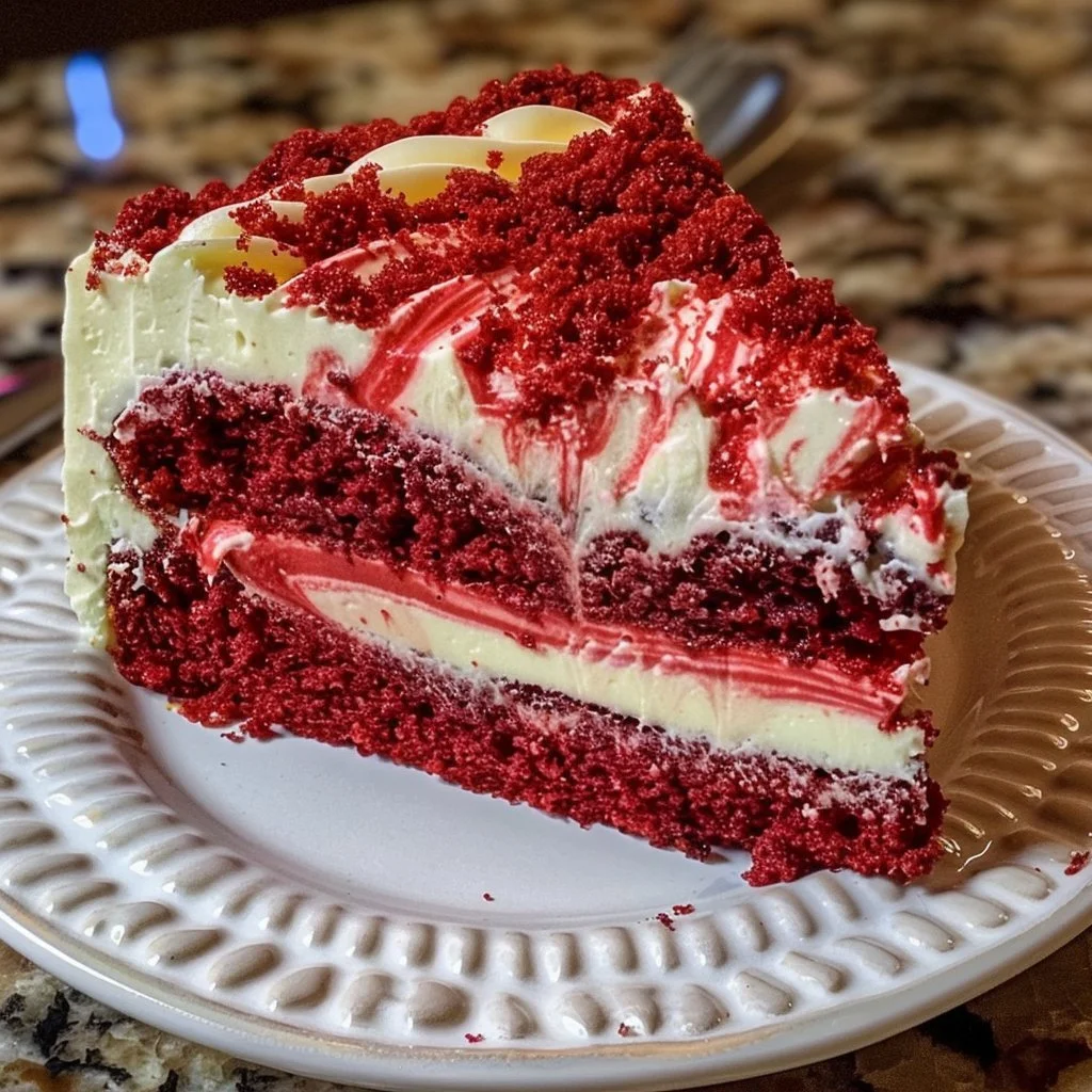 A delicious Red Velvet Cheesecake Swirl Cake topped with creamy frosting.