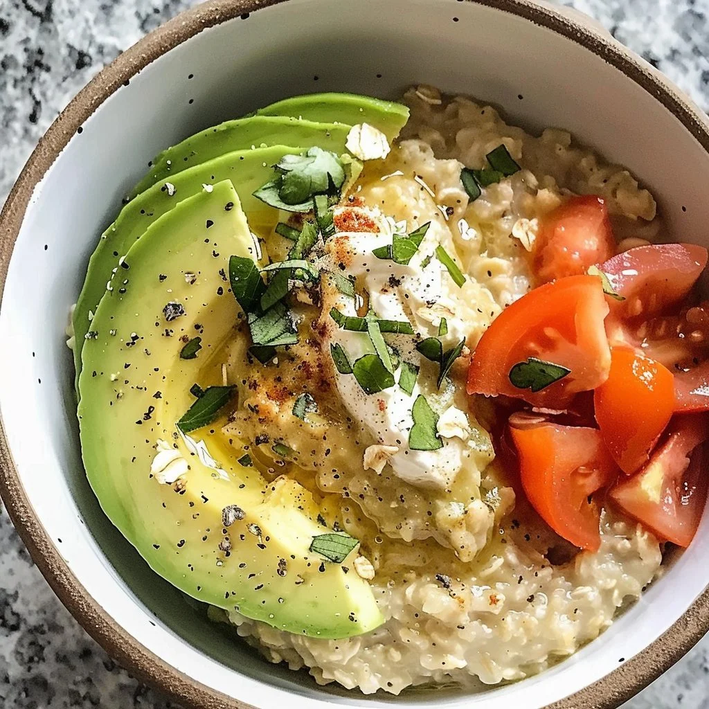 Savory Avocado Oatmeal 1 Bowl of savory avocado oatmeal topped with herbs and spices